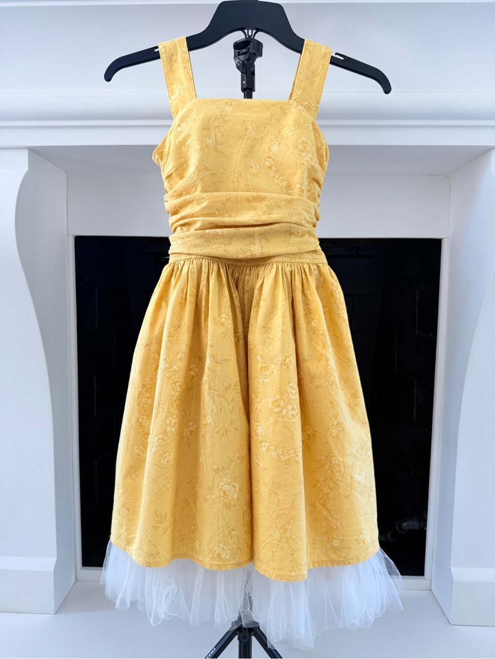 Persnickety Yellow Floral Brocade Dress with Tulle Trim
